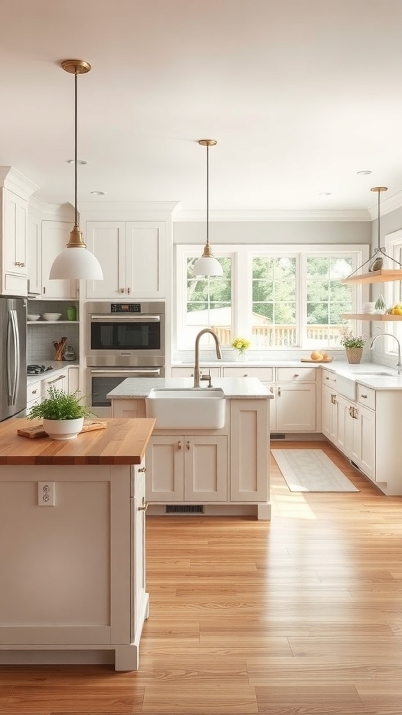 A bright and functional modern farmhouse kitchen with white cabinets, wooden accents, and large windows.