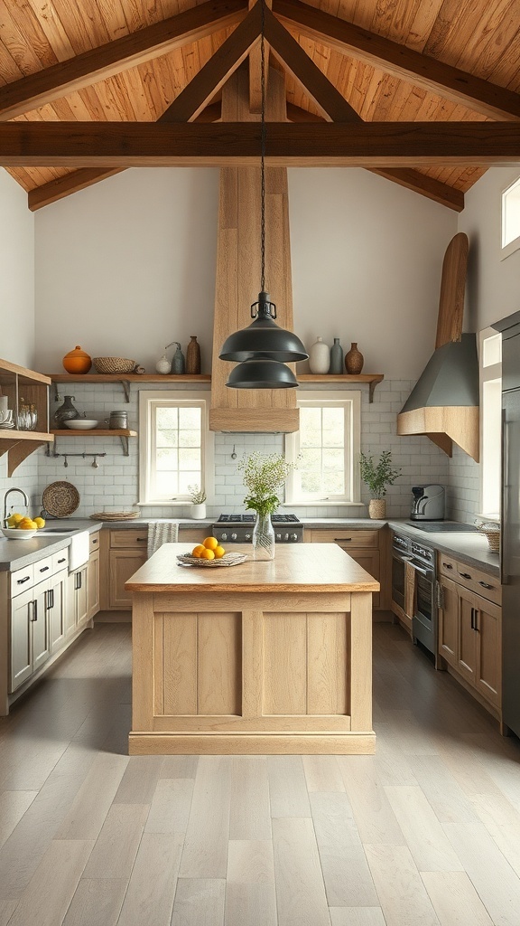 A rustic farmhouse kitchen featuring wooden beams, a large island, and natural light.