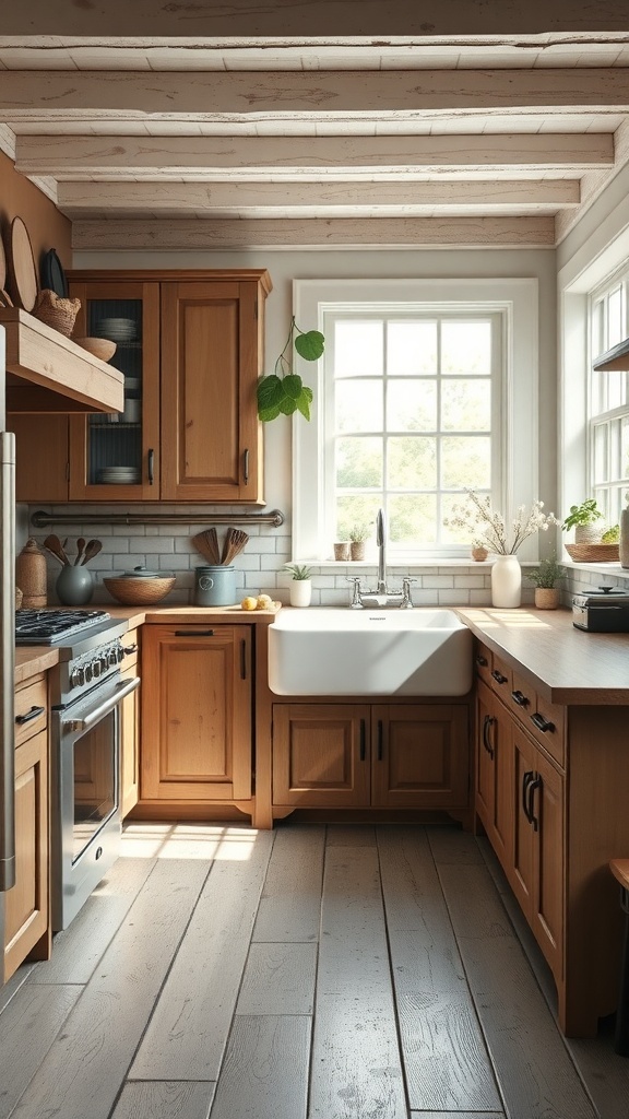 A cozy farmhouse kitchen with wooden cabinets, a farmhouse sink, and natural light.