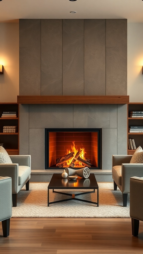 A modern fireplace with a warm fire, surrounded by comfortable chairs and a stylish coffee table.