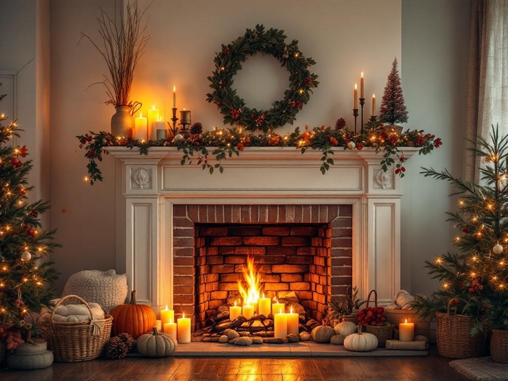 A cozy fireplace decorated with greenery, candles, and seasonal items, creating a warm atmosphere.