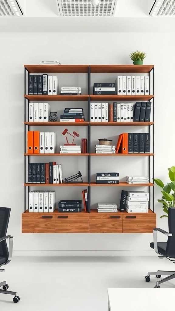 A modern floating bookshelf in an office setting, featuring multiple shelves and drawers for storage.