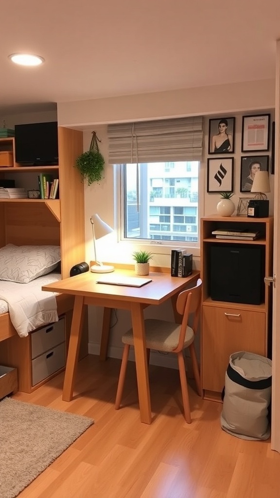 A cozy dorm room featuring a bed, desk, and organized storage.