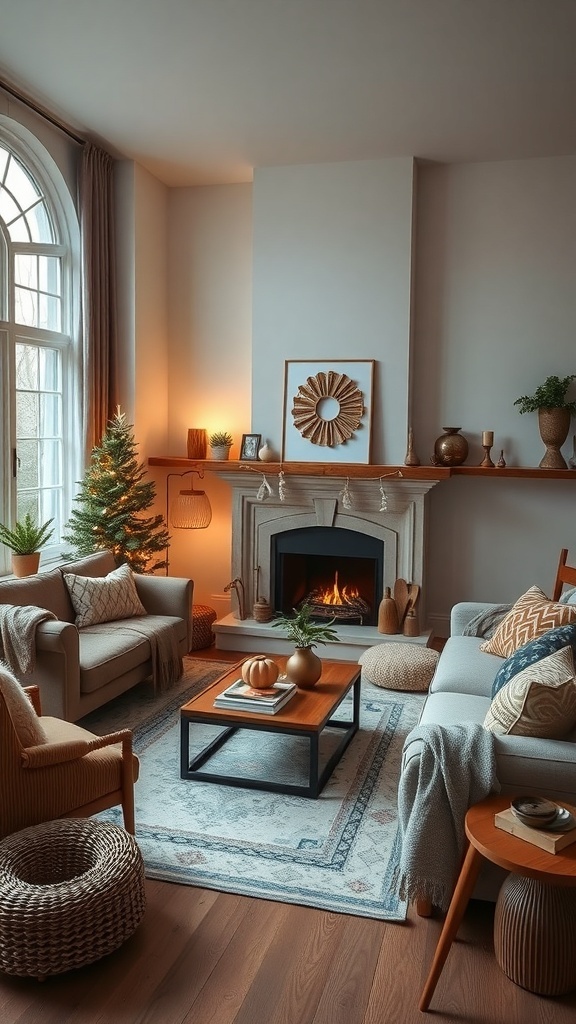 A cozy winter living room with a fireplace, comfortable seating, and festive decor.