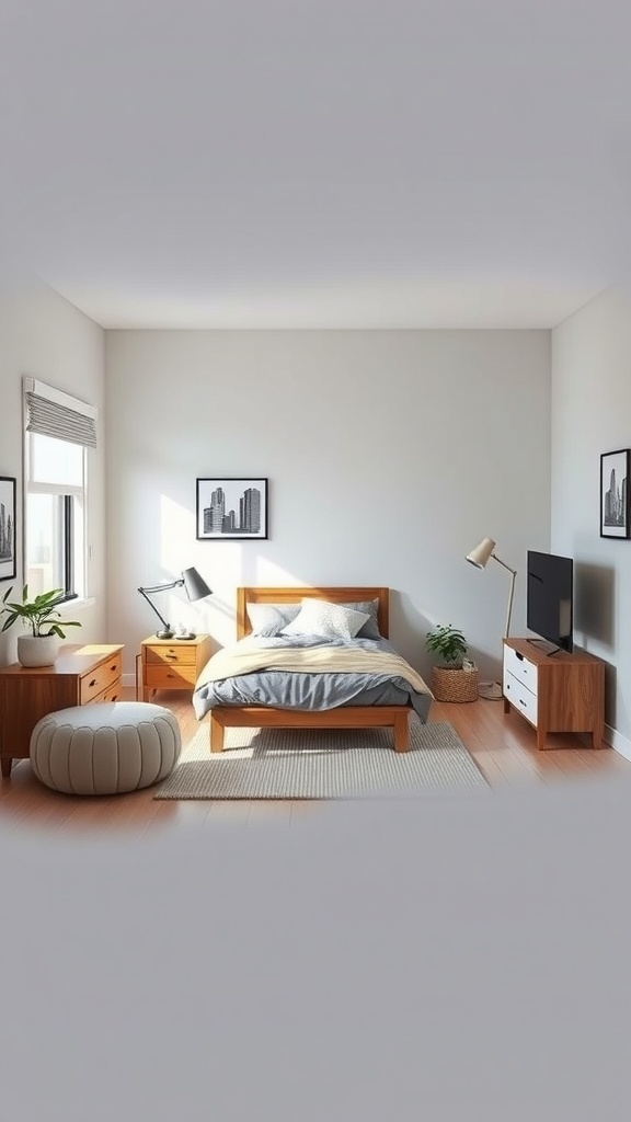 A well-arranged bedroom featuring a bed, nightstands, a chair, and a TV.