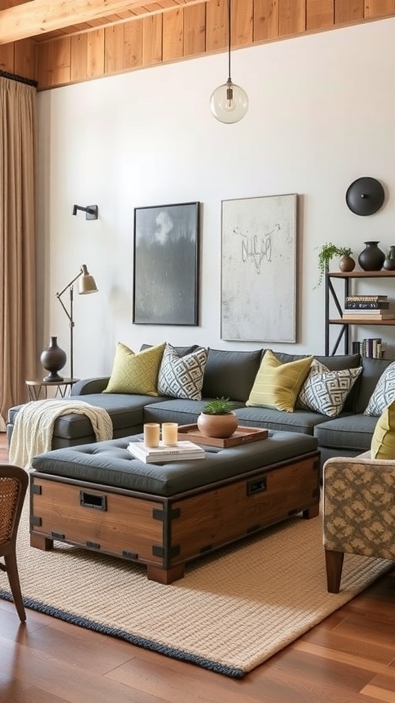 A modern rustic living room featuring a cozy sectional sofa, a coffee table, and framed artwork on the walls.
