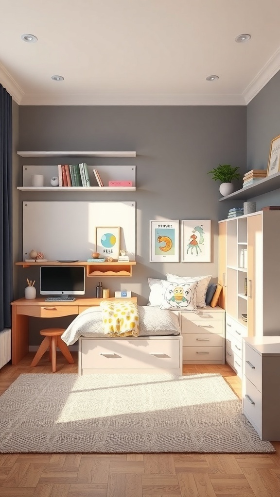 A stylish teen girl's bedroom featuring a bed with storage, a desk with a computer, and decorative wall art.