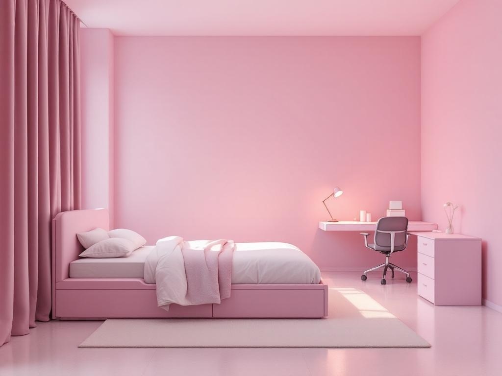 A minimalist bedroom with pink walls, a bed, a desk, and a chair.