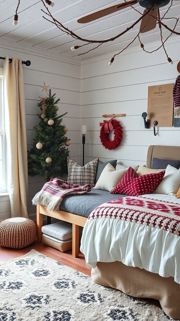 A cozy winter bedroom featuring a daybed, decorative pillows, a small Christmas tree, and a pouf.