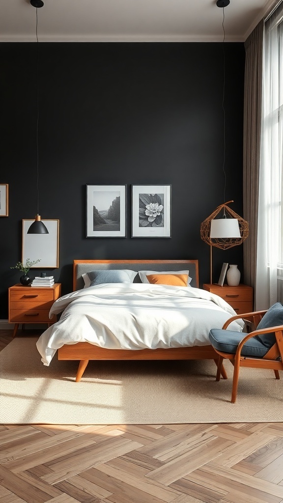 A stylish black and tan bedroom featuring wooden furniture and cozy decor.