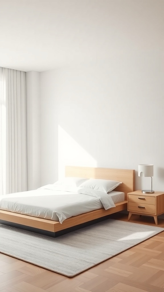 A minimalist bedroom featuring a simple wooden bed, a nightstand, and a light rug.