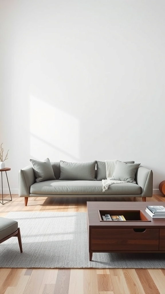 A minimalist living room featuring a light gray sofa, a wooden coffee table with storage, and a soft rug.