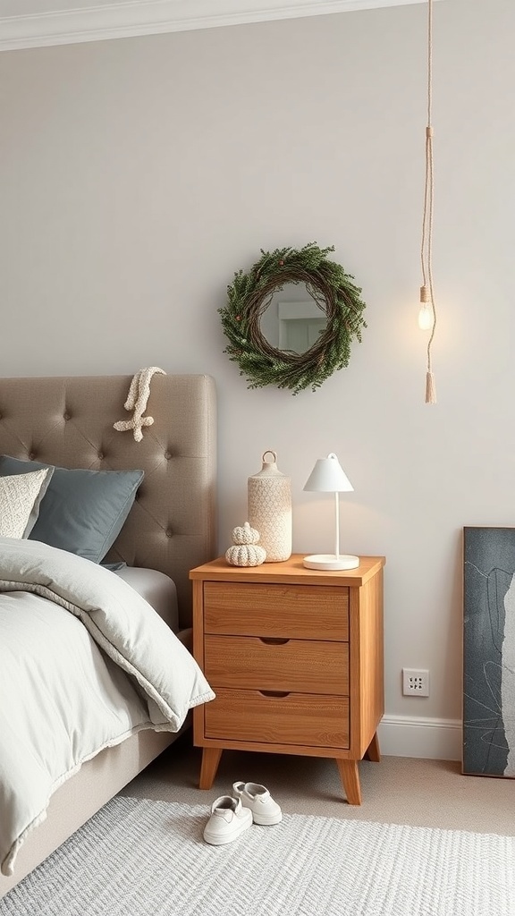 A cozy winter bedroom with a soft bed, wooden nightstand, and warm lighting.