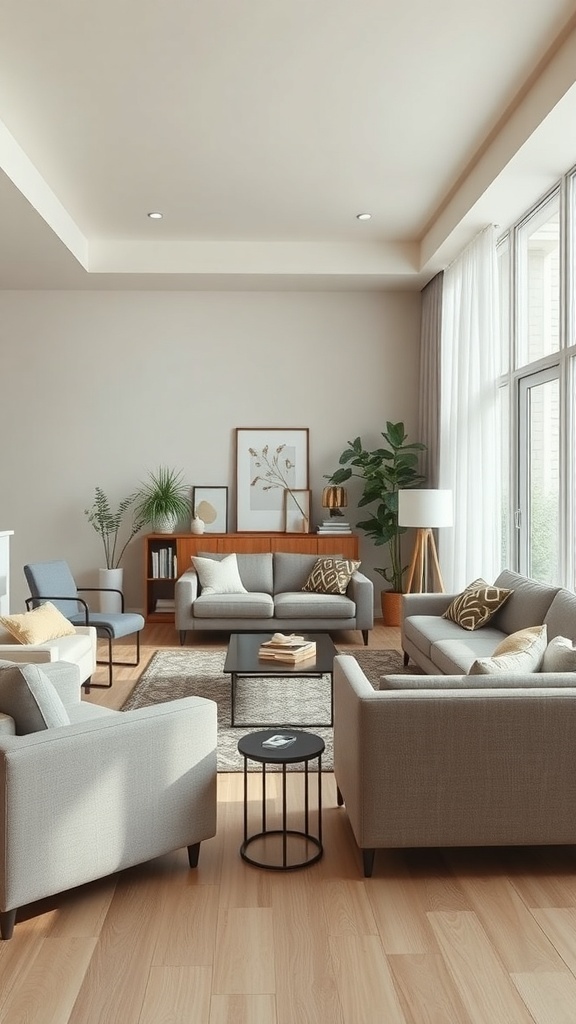A cozy living room with comfortable sofas, a coffee table, and natural light.