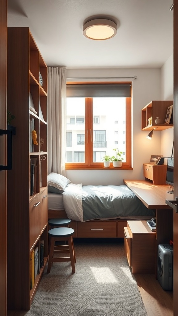 A cozy dorm room featuring functional furniture, including a bed with storage, a desk by the window, and bookshelves.