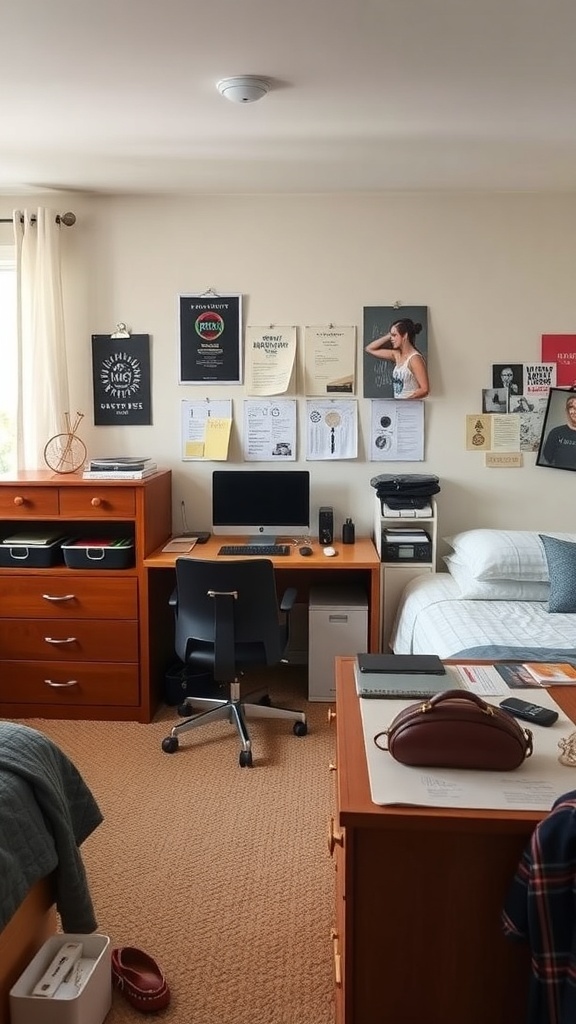 A cozy dorm room featuring functional furniture like a desk, bed, and storage solutions.