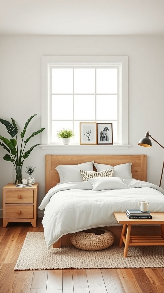 A modern farmhouse bedroom featuring a wooden bed, nightstand, and a cozy rug.