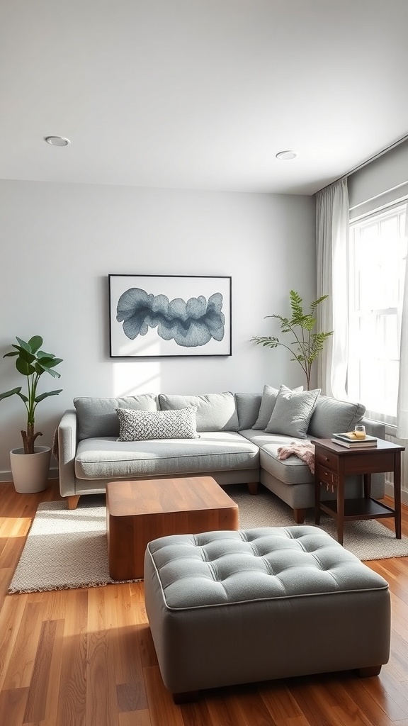 Modern living room with a gray sectional sofa, wooden coffee table, and plants.
