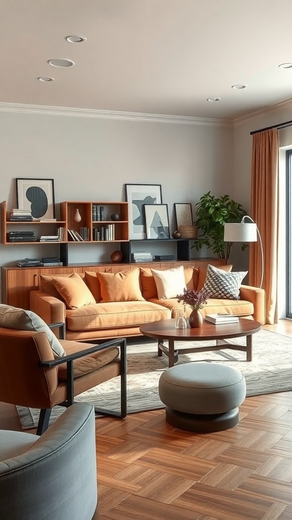 A cozy living room featuring rustic modern furniture with warm tones and sleek designs.