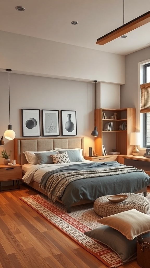 A warm modern bedroom featuring a comfortable bed, stylish nightstands, and functional storage.