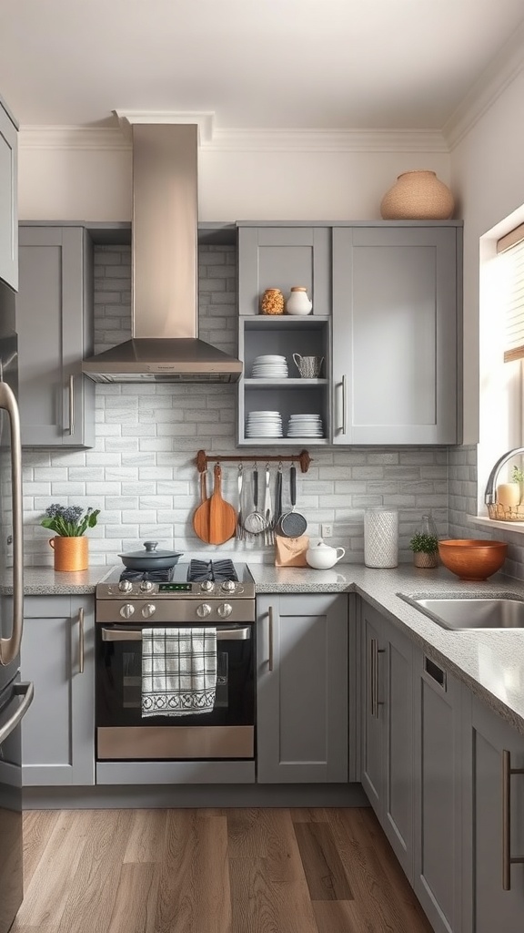 A modern grey kitchen with sleek cabinets, stainless steel appliances, and wooden accents.