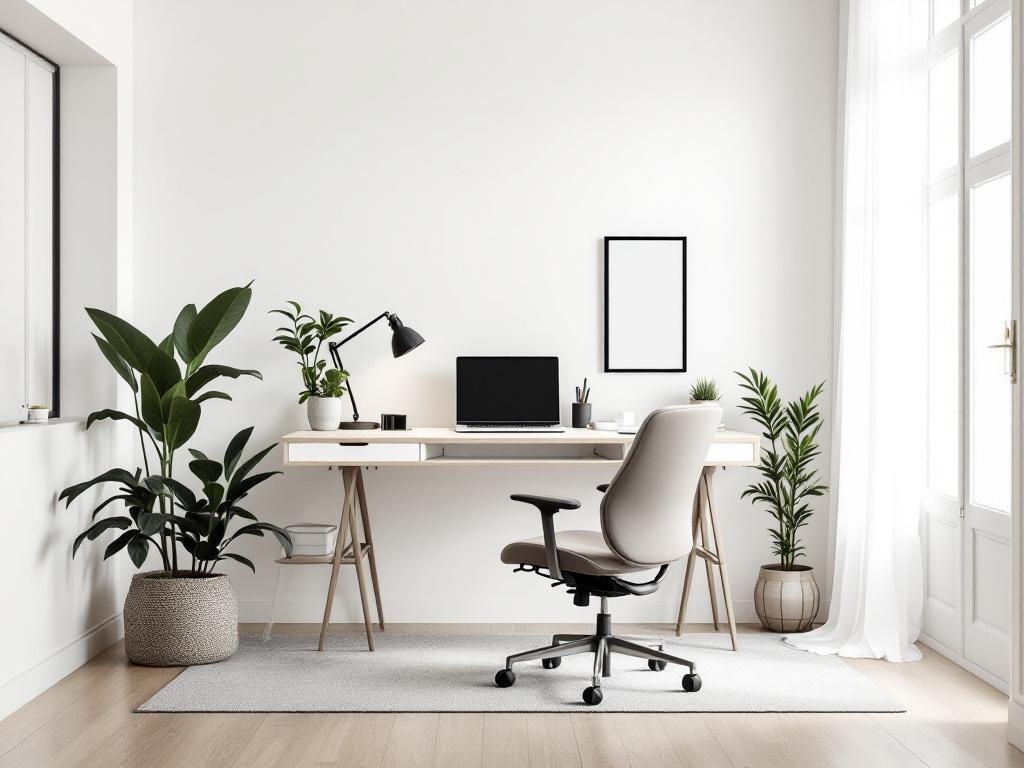 A minimalistic home office with a desk, chair, plants, and natural light.