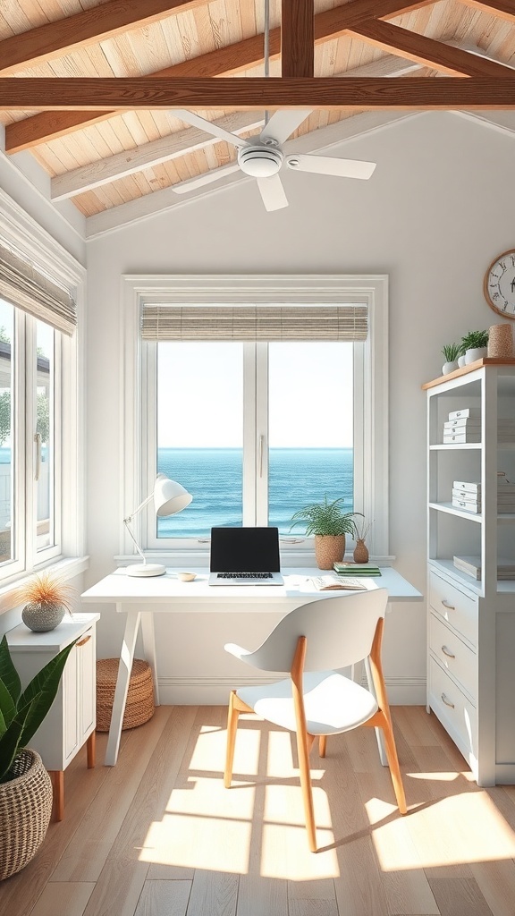 A bright coastal home office with a desk, chair, and sea view.