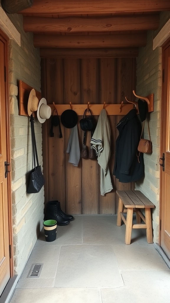 A rustic entryway featuring wooden hooks and a bench, displaying various hats, coats, and bags.