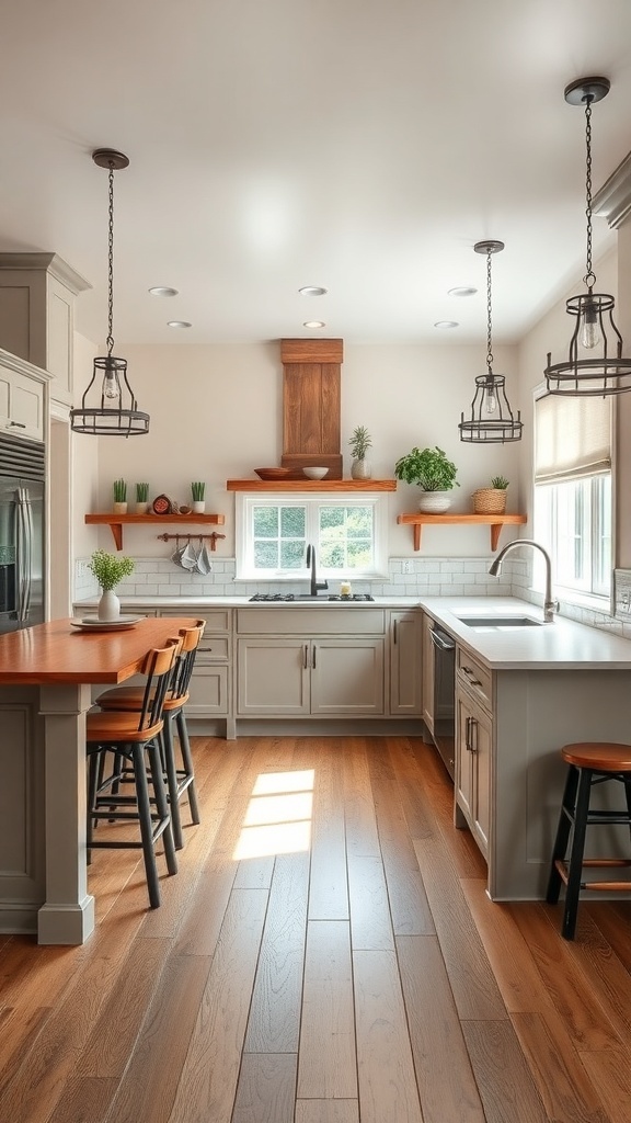 A bright farmhouse kitchen featuring an island countertop with wooden accents and bar stools.