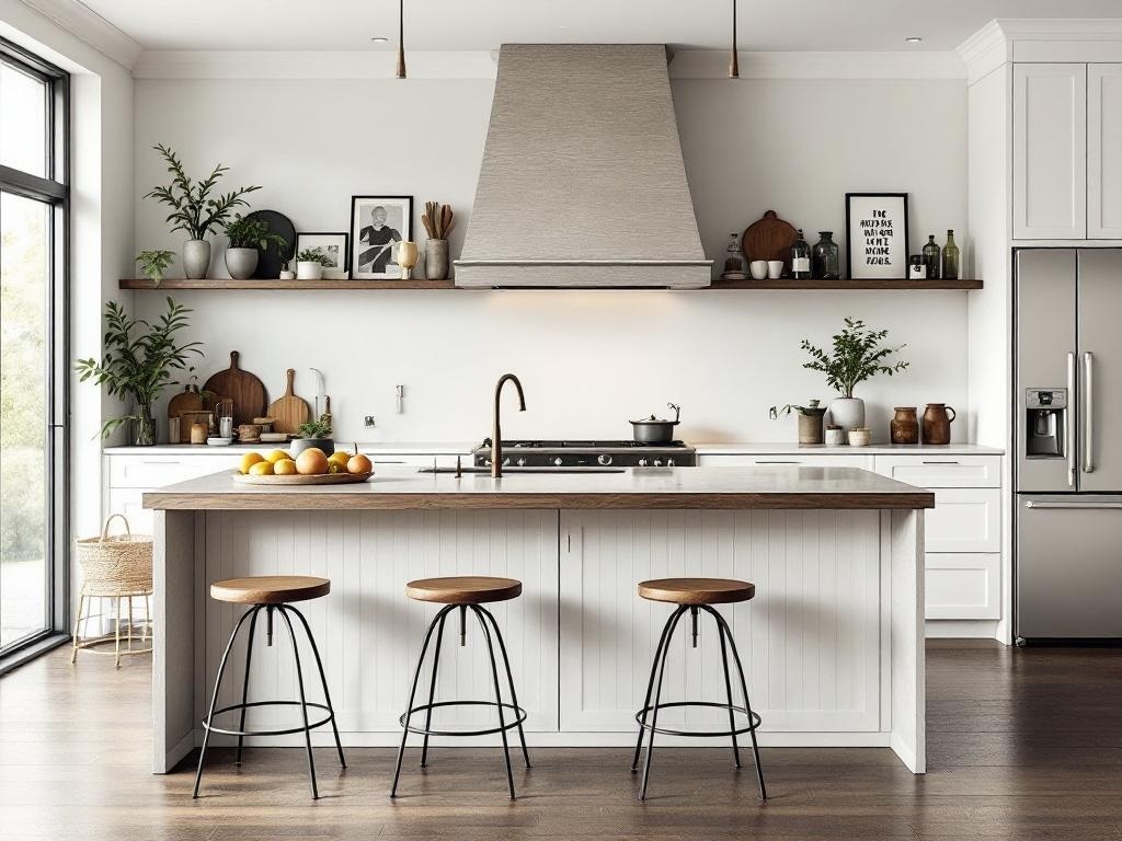 A modern kitchen featuring a functional island with wooden top and three stools, surrounded by stylish decor.