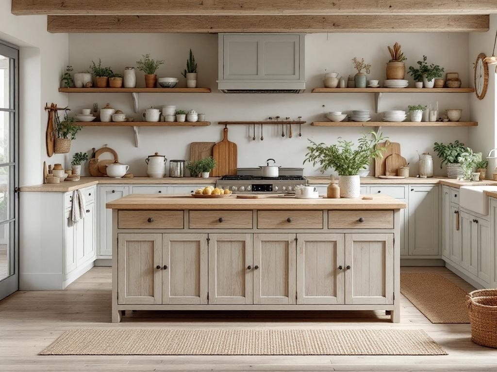 A cozy cottage kitchen featuring a functional island with storage solutions, open shelving, and natural light.
