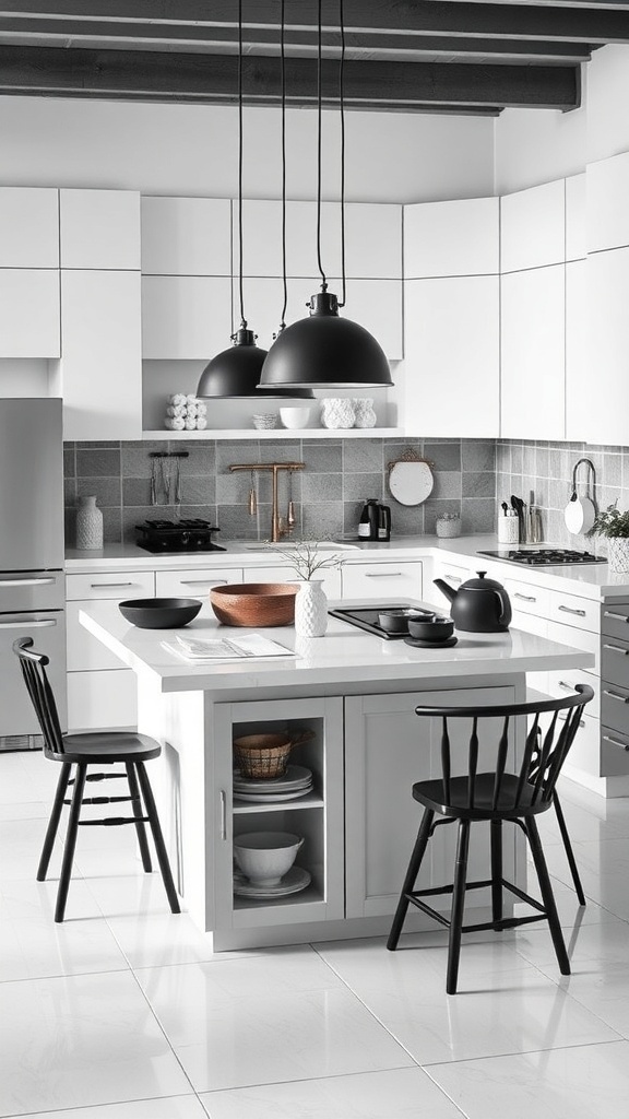 A modern black and white kitchen featuring a functional island with black chairs and pendant lighting.
