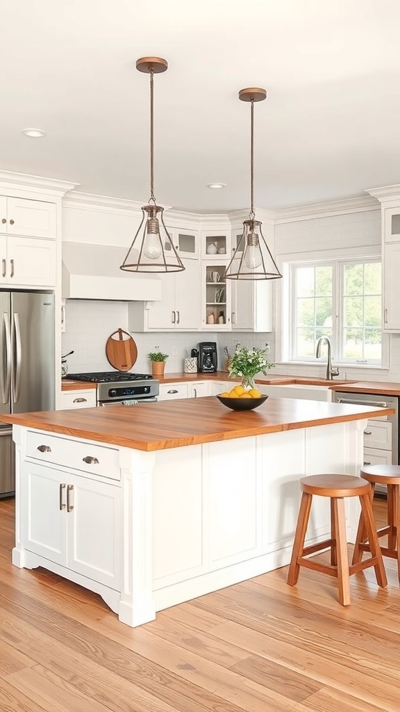 A functional kitchen island in a farmhouse style kitchen with a wooden top and white cabinetry.