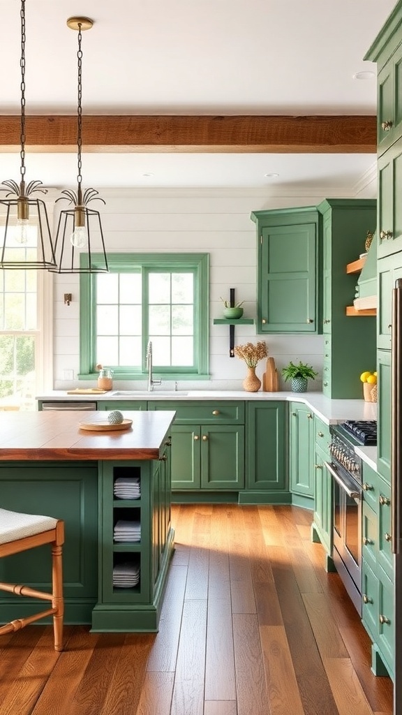 A green farmhouse kitchen featuring a functional kitchen island with wooden accents.