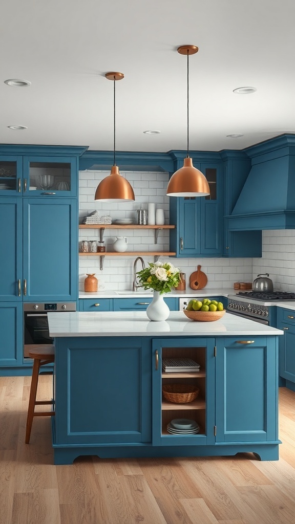 A blue farmhouse kitchen featuring a functional kitchen island with a white countertop.