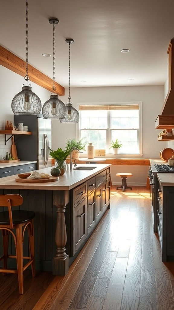 A rustic modern kitchen featuring a functional kitchen island with wooden accents and stylish lighting.