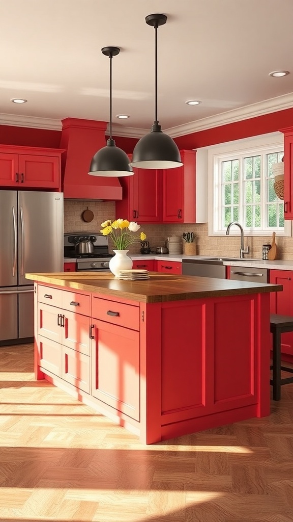 A red farmhouse kitchen featuring a functional kitchen island with storage.