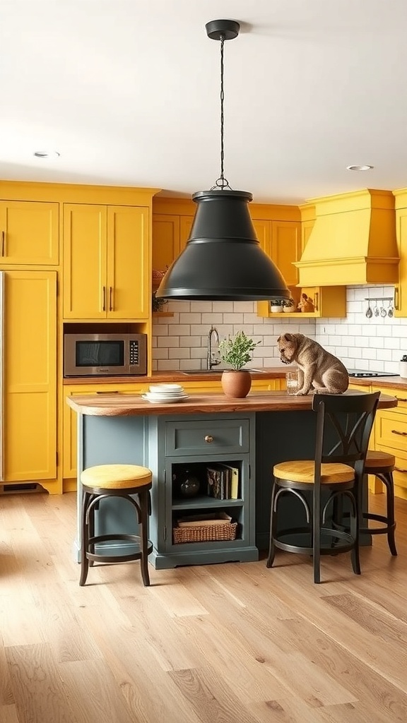 A functional kitchen island with storage in a yellow farmhouse kitchen, featuring a wooden countertop and seating.