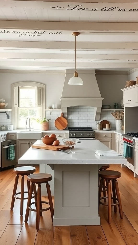 A functional kitchen island in a French farmhouse kitchen with wooden stools and a marble countertop.