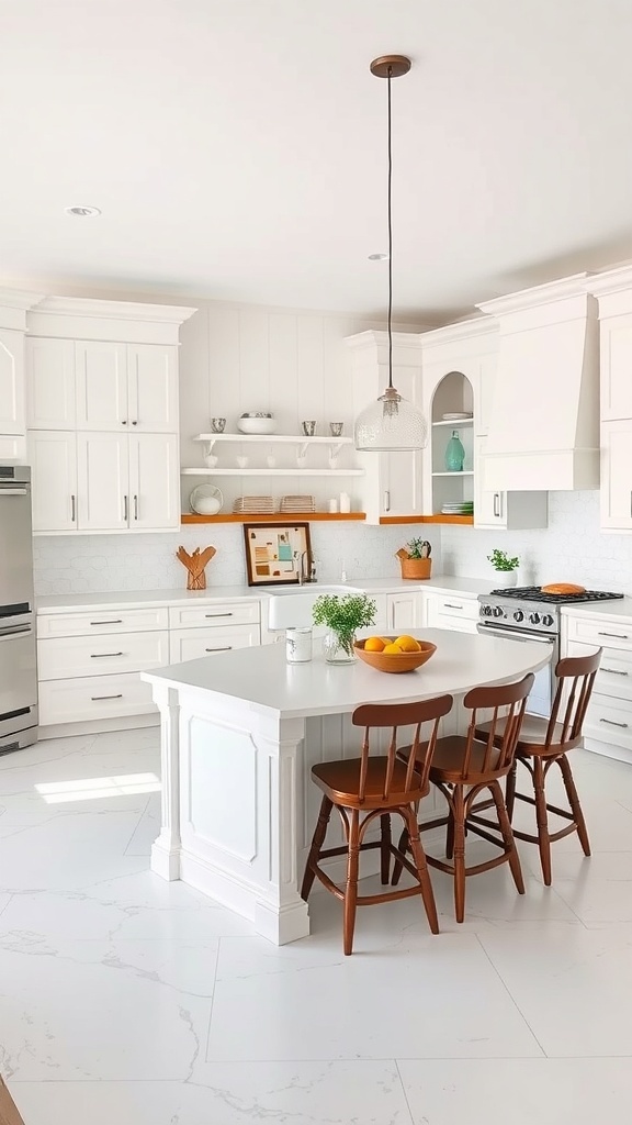 A bright white farmhouse kitchen featuring a functional kitchen island with wooden stools.