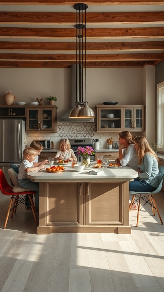 A family gathered around a kitchen island enjoying a meal in a modern farmhouse kitchen.