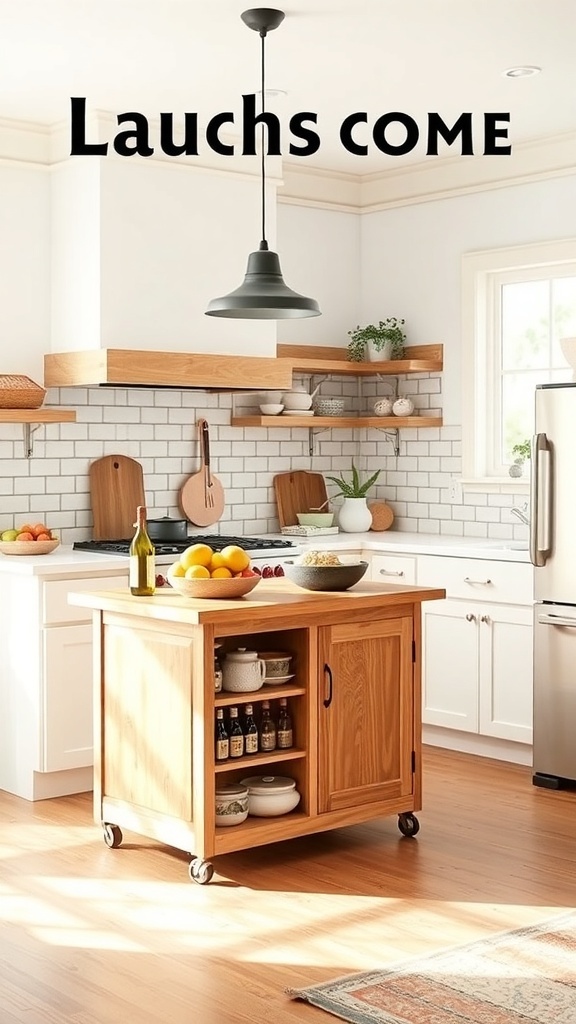 A small farmhouse kitchen featuring a wooden kitchen island with wheels, surrounded by white cabinets and a bright atmosphere.
