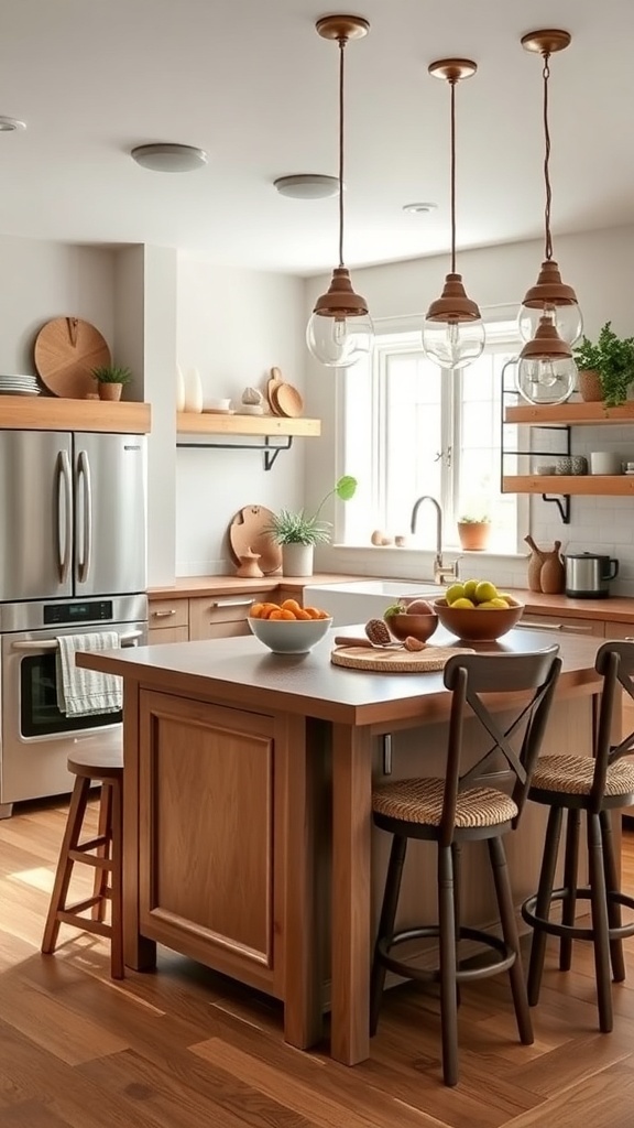 A cozy boho farmhouse kitchen featuring a functional island with wooden accents and casual seating.