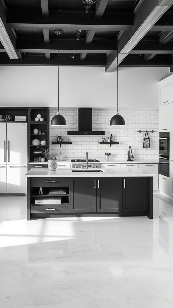 A black and white farmhouse kitchen featuring a functional kitchen island.