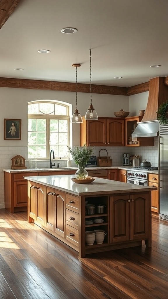 A modern rustic kitchen featuring a wooden kitchen island with a marble top and warm lighting.