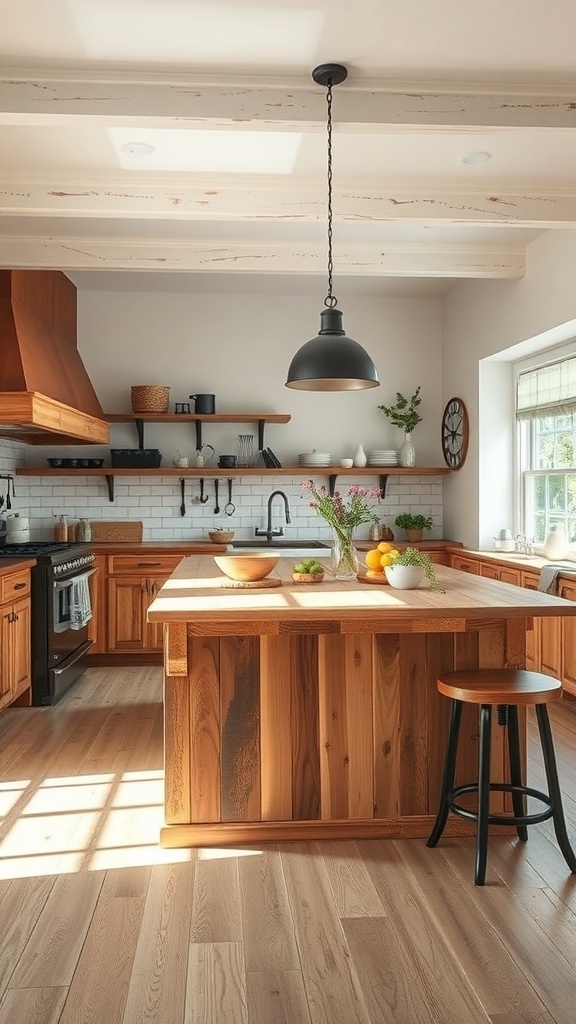 A rustic kitchen featuring a wooden island, warm tones, and a cozy atmosphere.