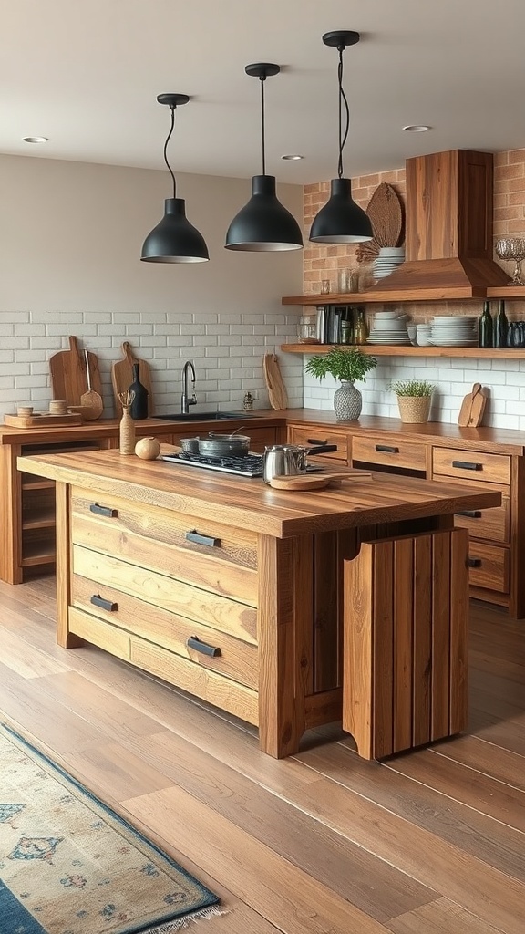 A rustic kitchen island made of wood with storage drawers and a stovetop.