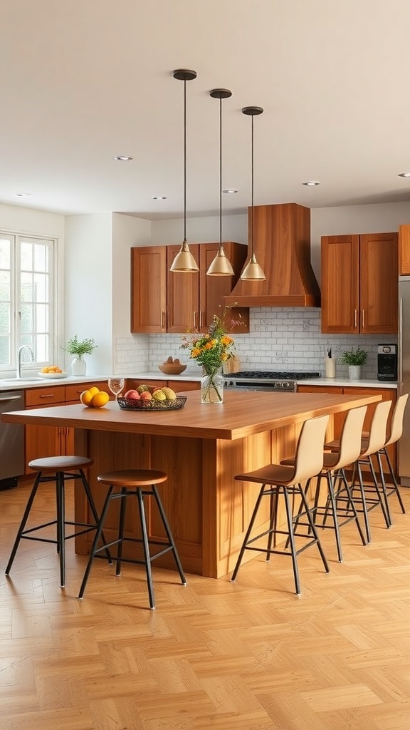A warm modern kitchen featuring a wooden island with seating and stylish decor.