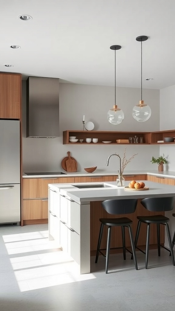 A minimalist kitchen featuring a functional island with modern stools and simple decor.