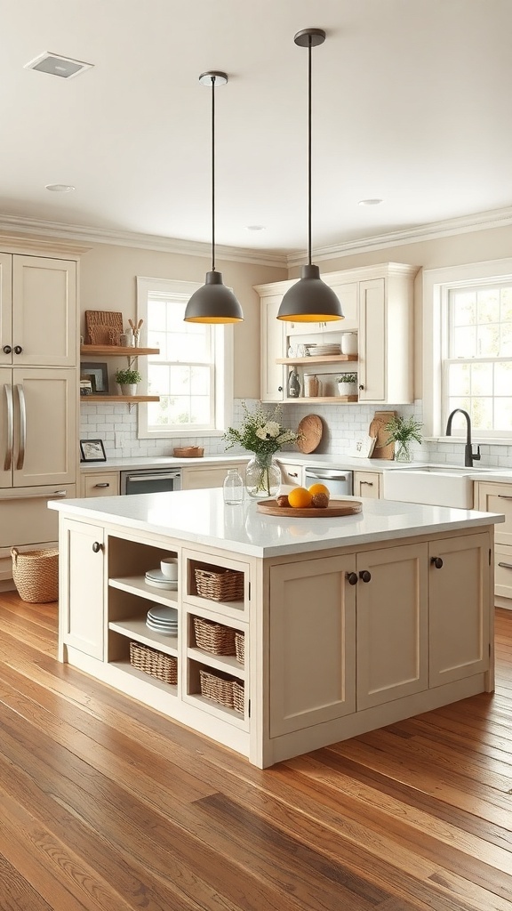 A modern farmhouse kitchen featuring a functional island with storage.